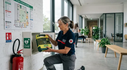 Un formateur secouriste retire un défibrillateur automatisé externe de son armoire murale dans le hall d'un bâtiment en France